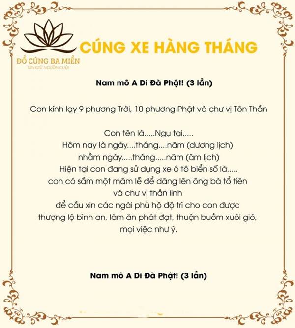 01 Bài cúng khấn xe oto mới, đầu năm cuối tháng, lễ vật